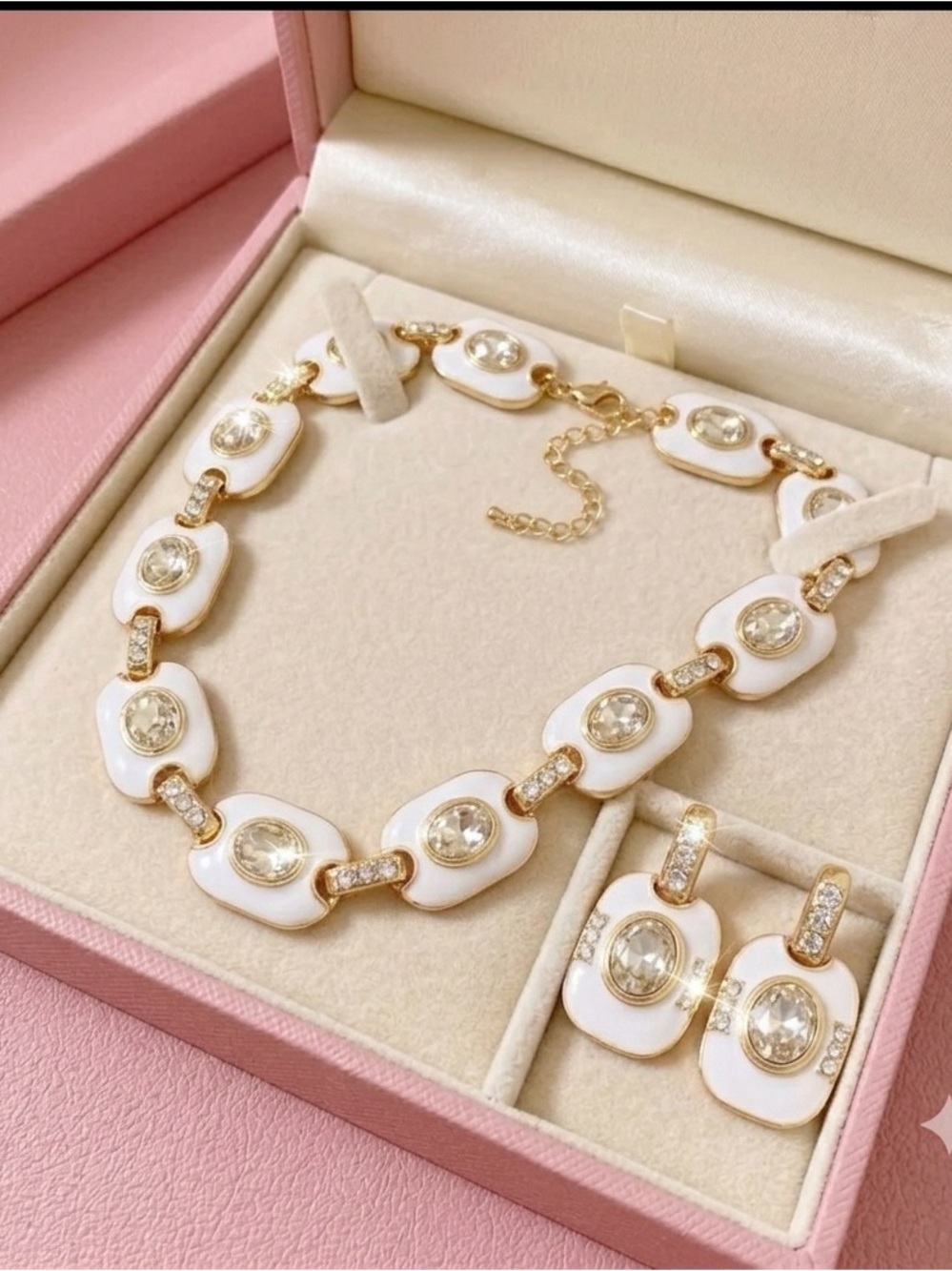 White Enamel and Gold Crystal Link Necklace & Earring Set